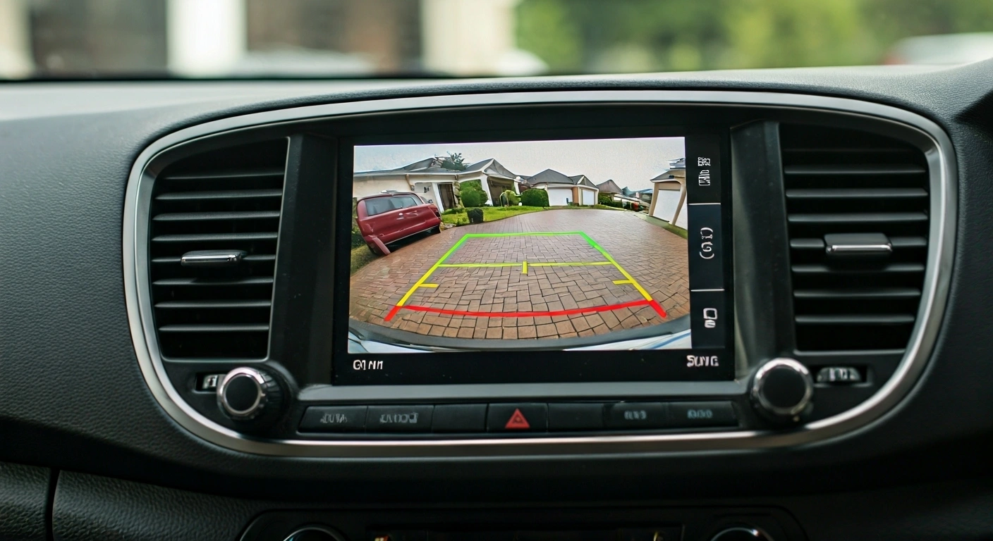 Car display with live backup camera view